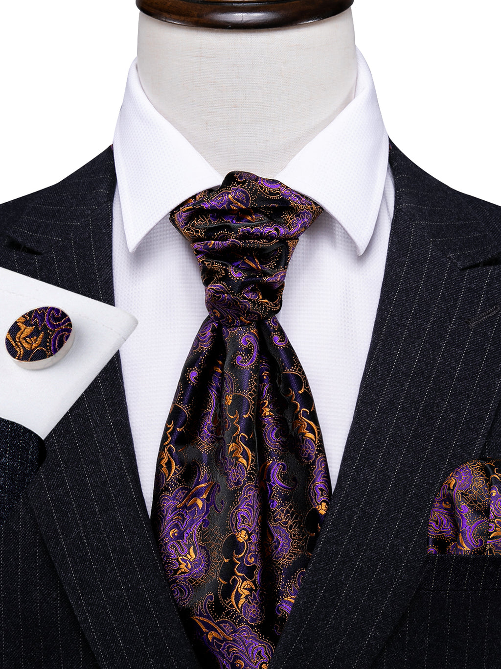 Purple Golden Novelty Paisley Ascot, Pocket Square and Cufflinks ascot - Sophisticated Gentlemen