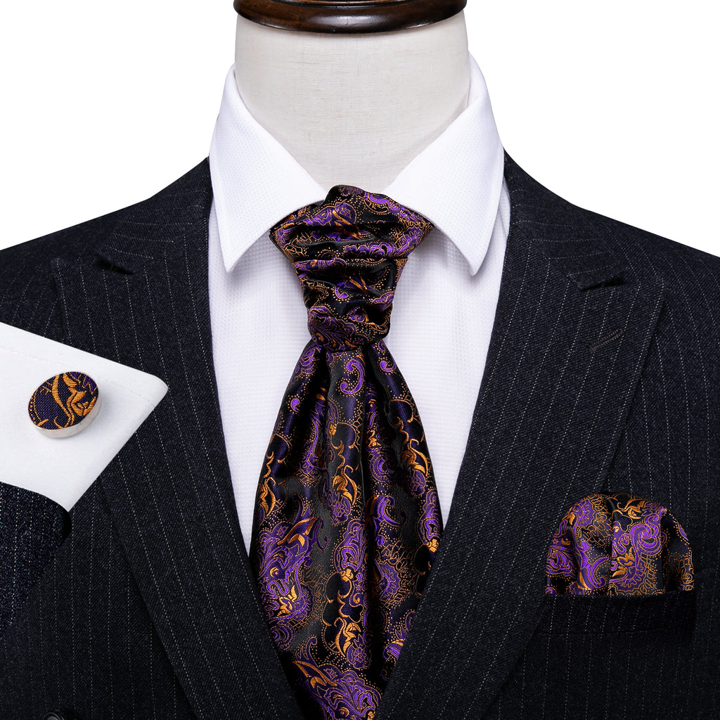Purple Golden Novelty Paisley Ascot, Pocket Square and Cufflinks ascot - Sophisticated Gentlemen