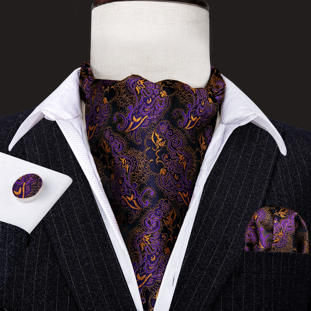 Purple Golden Novelty Paisley Ascot, Pocket Square and Cufflinks ascot - Sophisticated Gentlemen