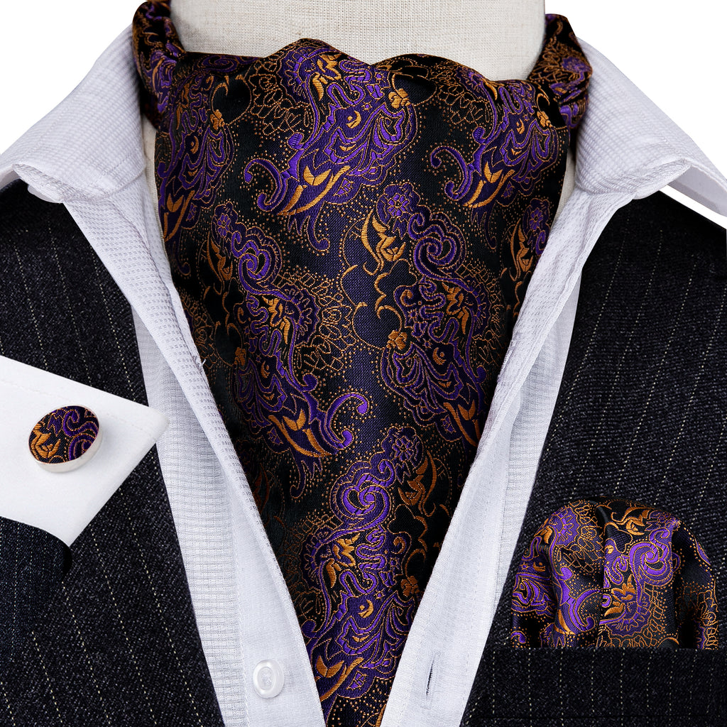 Purple Golden Novelty Paisley Ascot, Pocket Square and Cufflinks ascot - Sophisticated Gentlemen