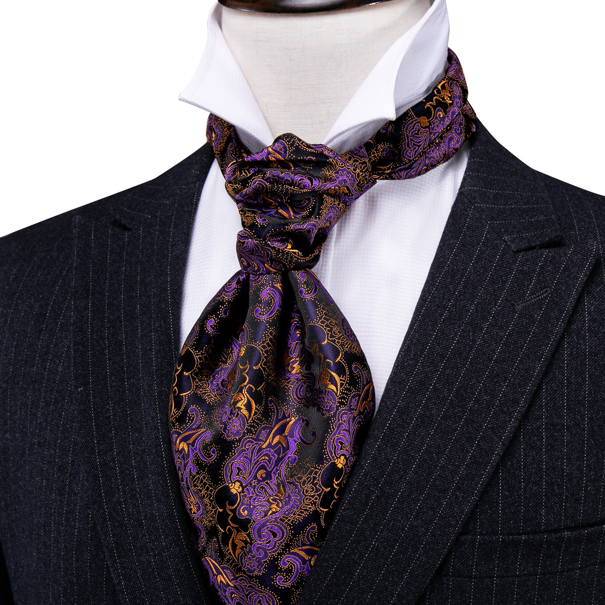 Purple Golden Novelty Paisley Ascot, Pocket Square and Cufflinks ascot - Sophisticated Gentlemen