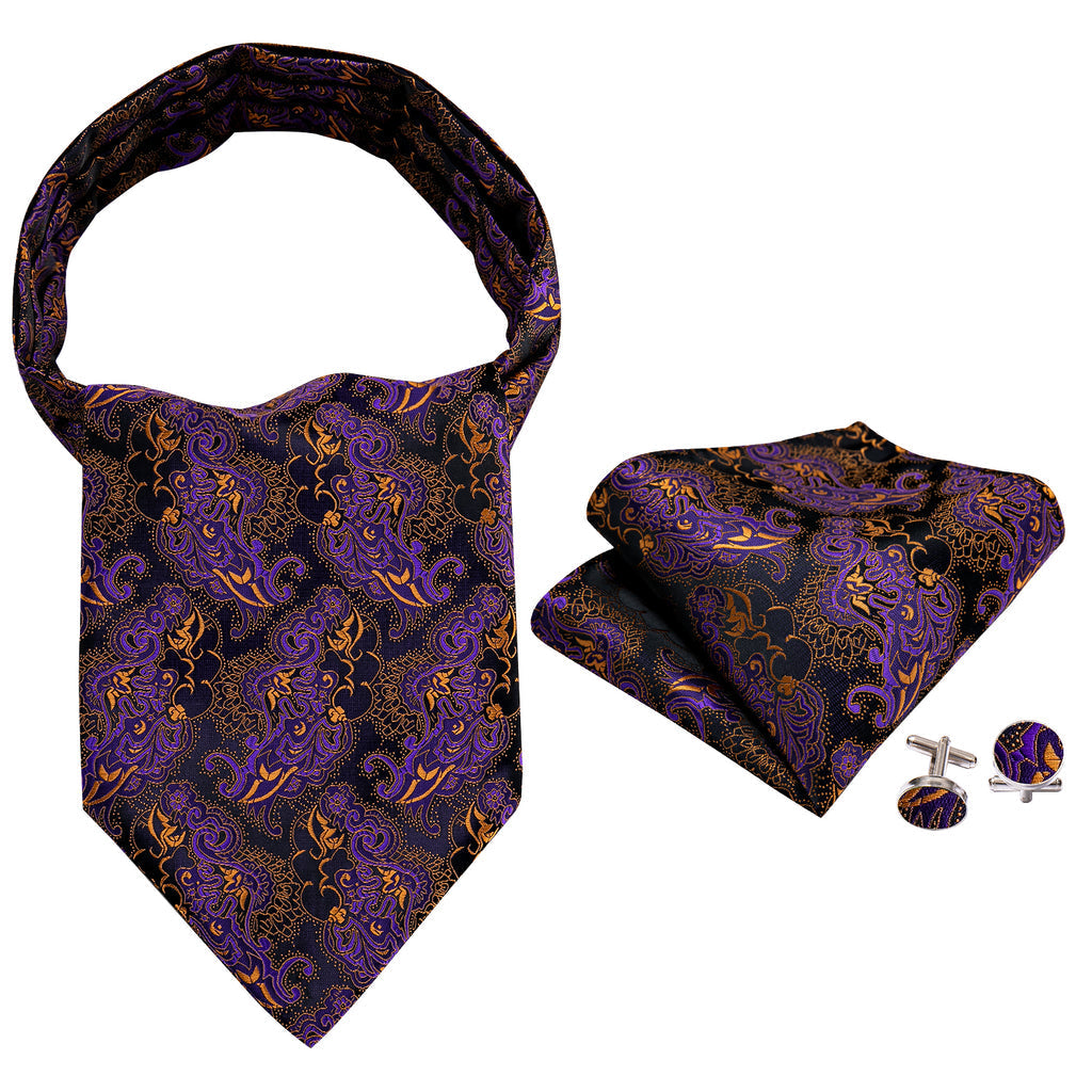 Purple Golden Novelty Paisley Ascot, Pocket Square and Cufflinks ascot    - Sophisticated Gentlemen