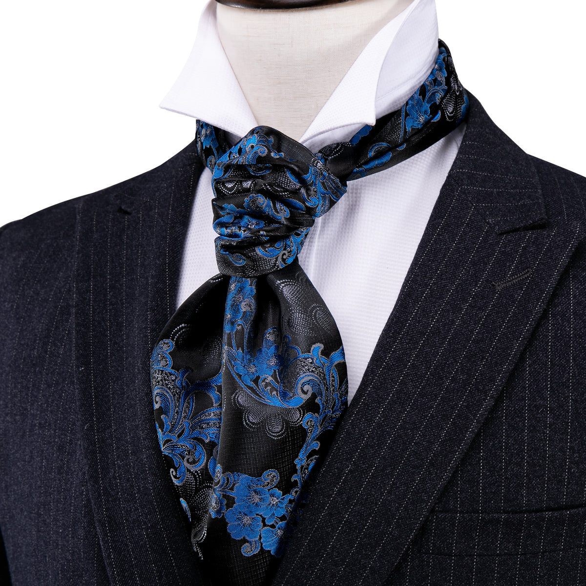 Black Blue Floral Ascot, Pocket Square and Cufflinks ascot - Sophisticated Gentlemen