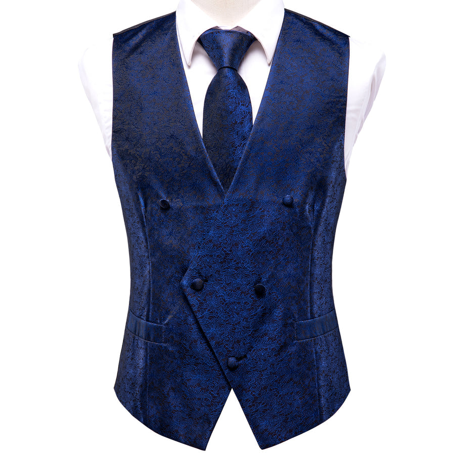 Navy Blue Floral Jacquard Silk Vest Set vest set - Sophisticated Gentlemen