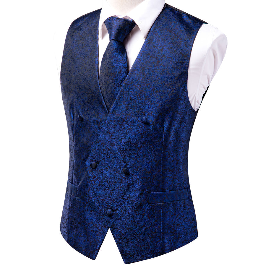 Navy Blue Floral Jacquard Silk Vest Set vest set - Sophisticated Gentlemen