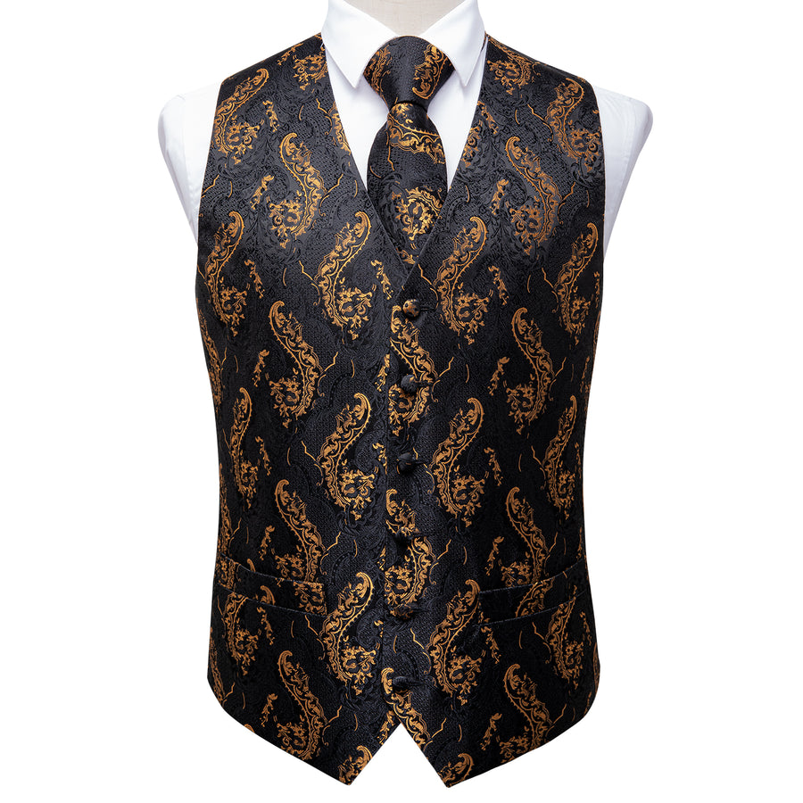 Black and Gold Floral Silk Vest Set vest set - Sophisticated Gentlemen