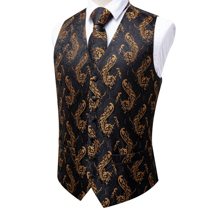 Black and Gold Floral Silk Vest Set vest set - Sophisticated Gentlemen