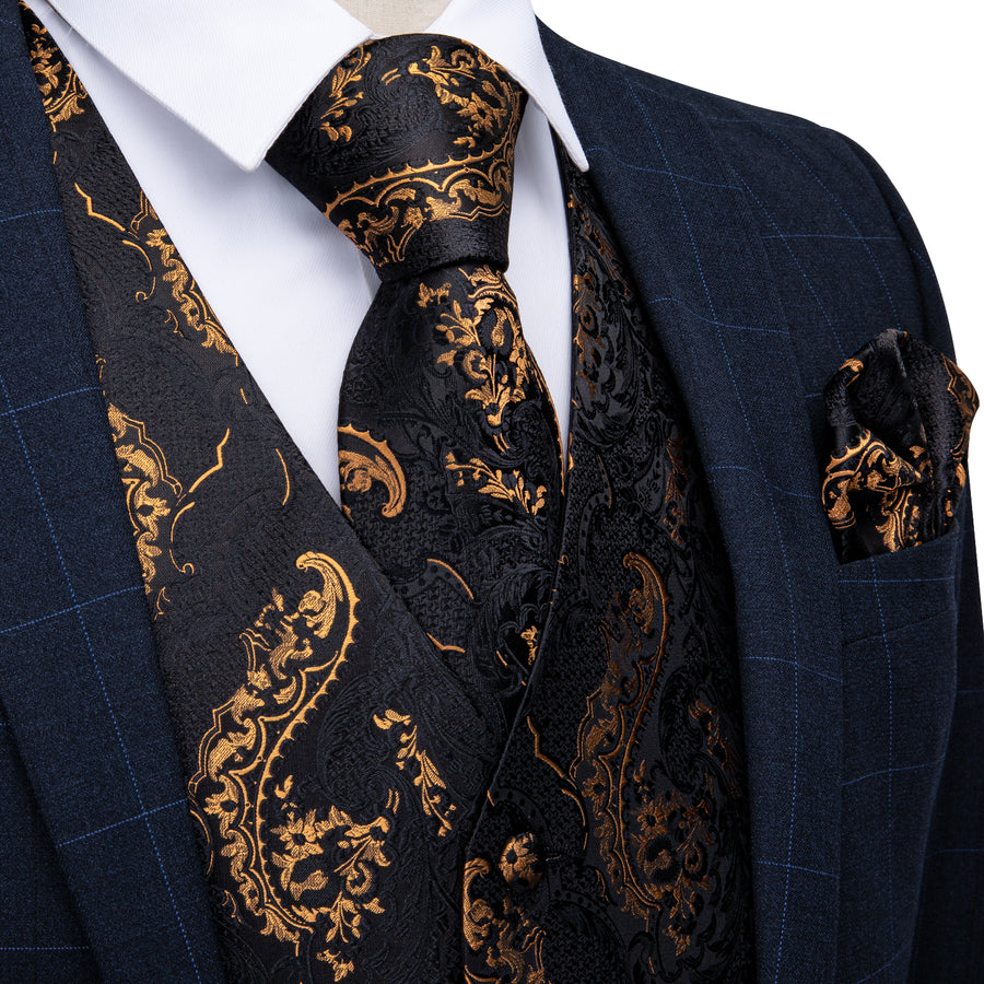 Black and Gold Floral Silk Vest Set vest set S (Chest 40") - Sophisticated Gentlemen