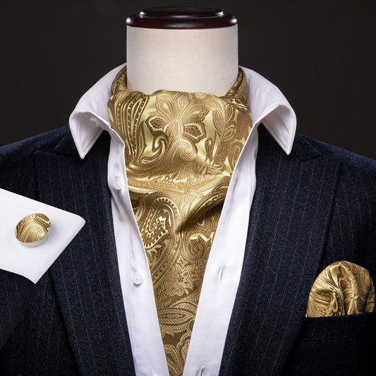Gold Brown Paisley Floral Ascot, Pocket Square and Cufflinks ascot    - Sophisticated Gentlemen