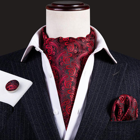 Red Paisley Ascot, Pocket Square and Cufflinks ascot    - Sophisticated Gentlemen