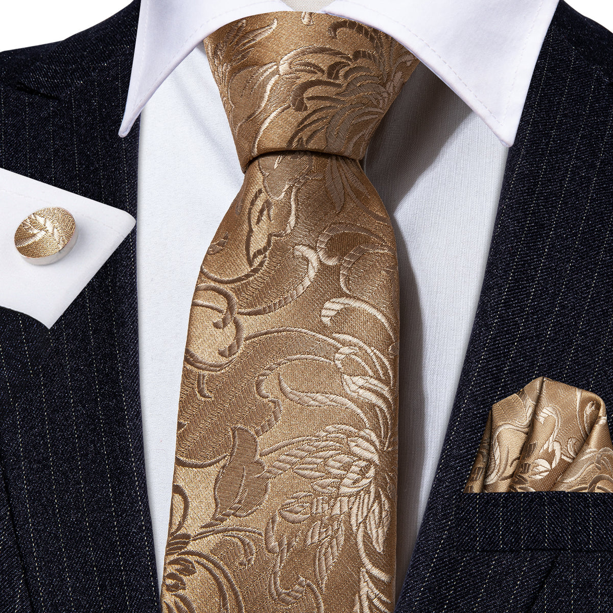 Champagne Gold Floral Tie, Pocket Square and Cufflinks Set tie sets - Sophisticated Gentlemen