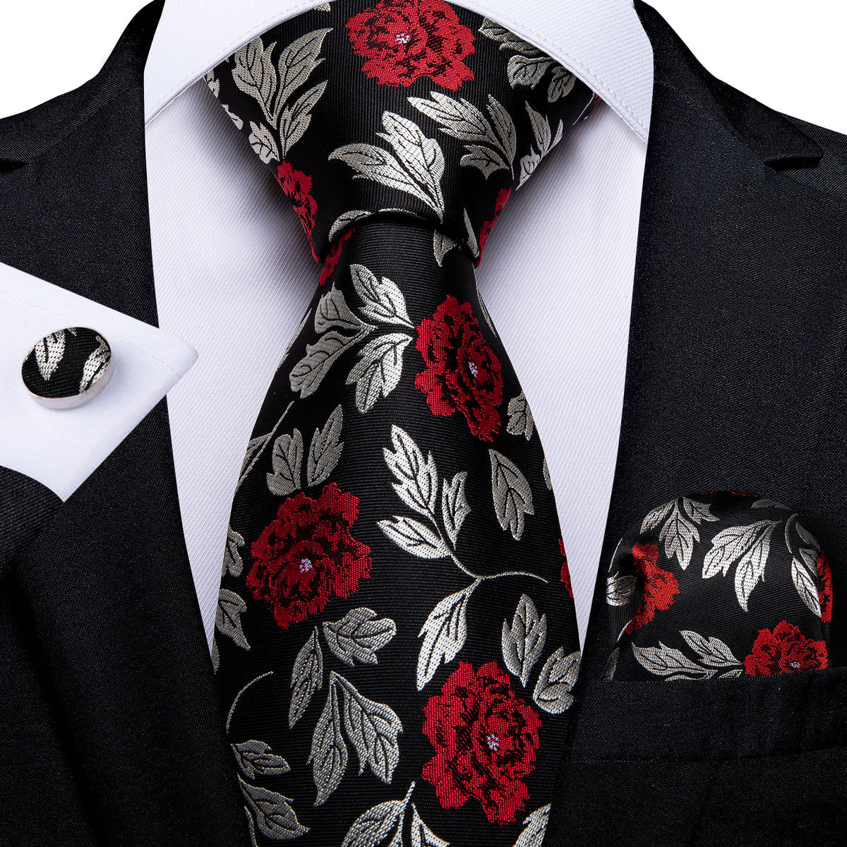 Silver, Red and Black Floral Silk Tie, Pocket Square and Cufflinks tie sets - Sophisticated Gentlemen