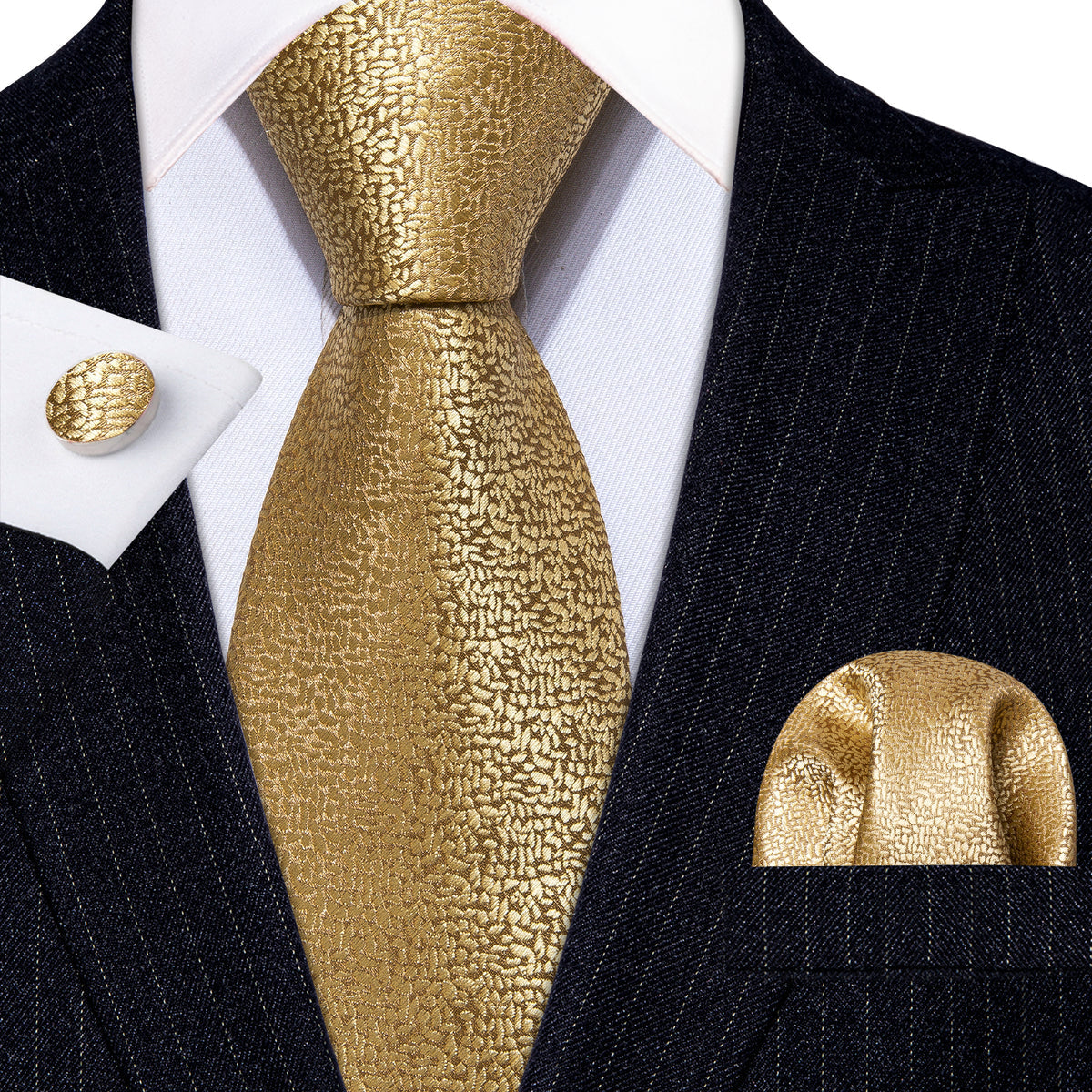 Gold Champagne Solid Tie, Pocket Square and Cufflinks Set tie sets - Sophisticated Gentlemen
