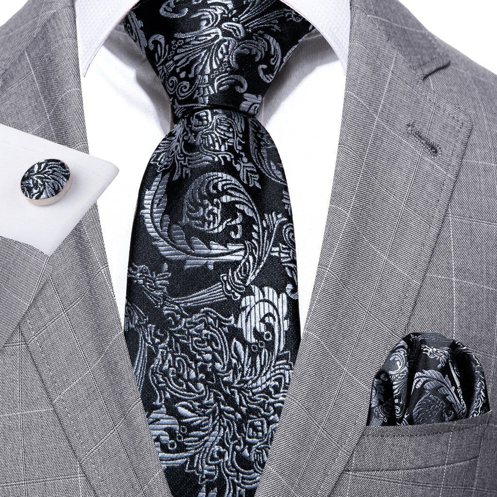 Black Gray Floral Tie, Pocket Square and Cufflinks Set tie sets - Sophisticated Gentlemen