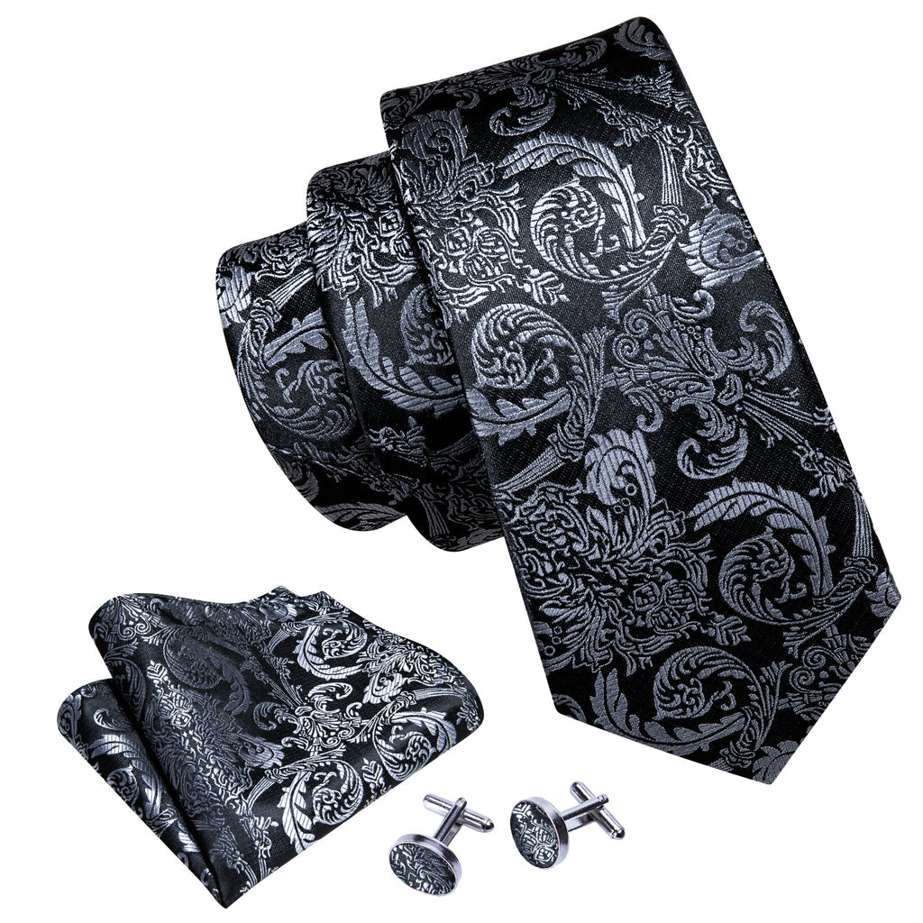 Black Gray Floral Tie, Pocket Square and Cufflinks Set tie sets - Sophisticated Gentlemen