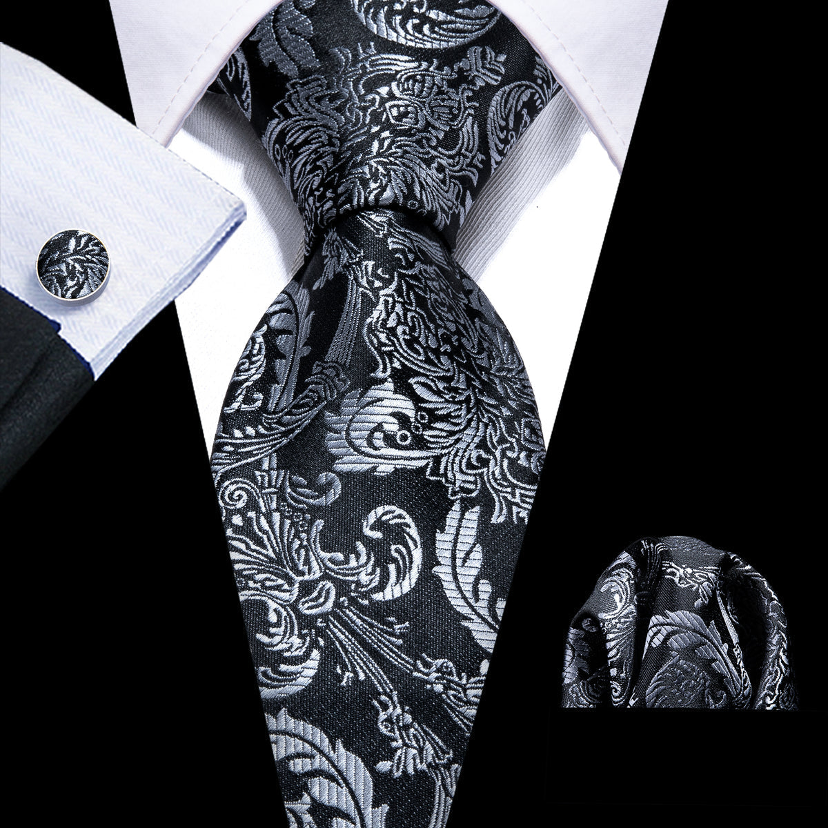 Black Gray Floral Tie, Pocket Square and Cufflinks Set tie sets - Sophisticated Gentlemen