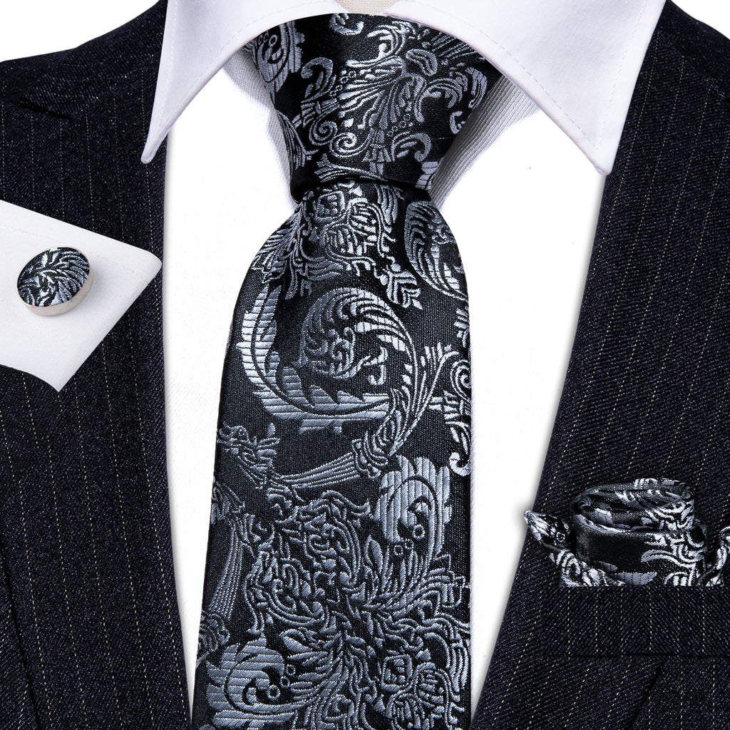 Black Gray Floral Tie, Pocket Square and Cufflinks Set tie sets - Sophisticated Gentlemen