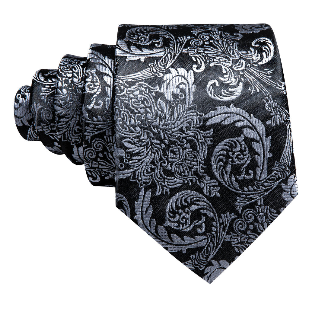 Black Gray Floral Tie, Pocket Square and Cufflinks Set tie sets - Sophisticated Gentlemen