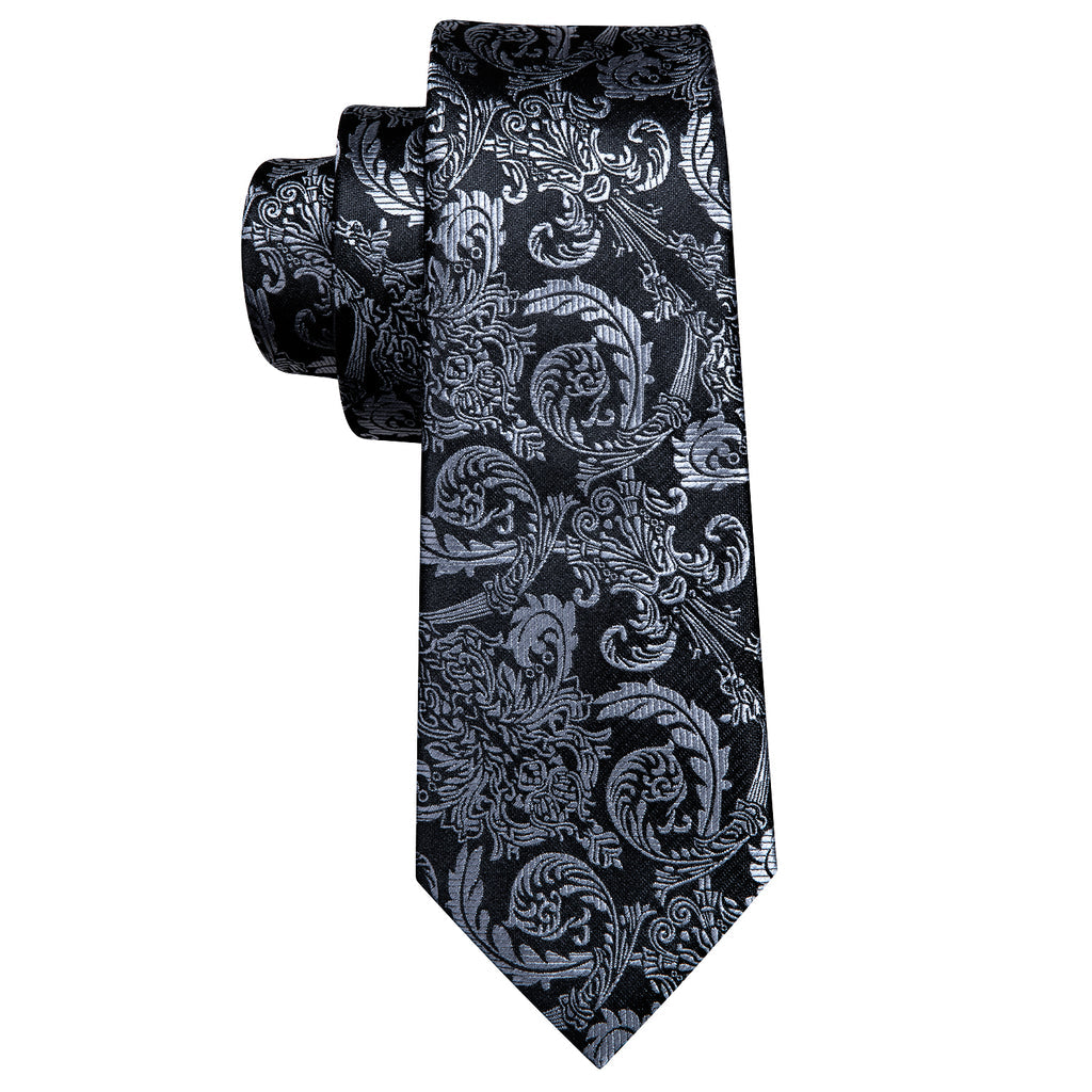 Black Gray Floral Tie, Pocket Square and Cufflinks Set tie sets - Sophisticated Gentlemen