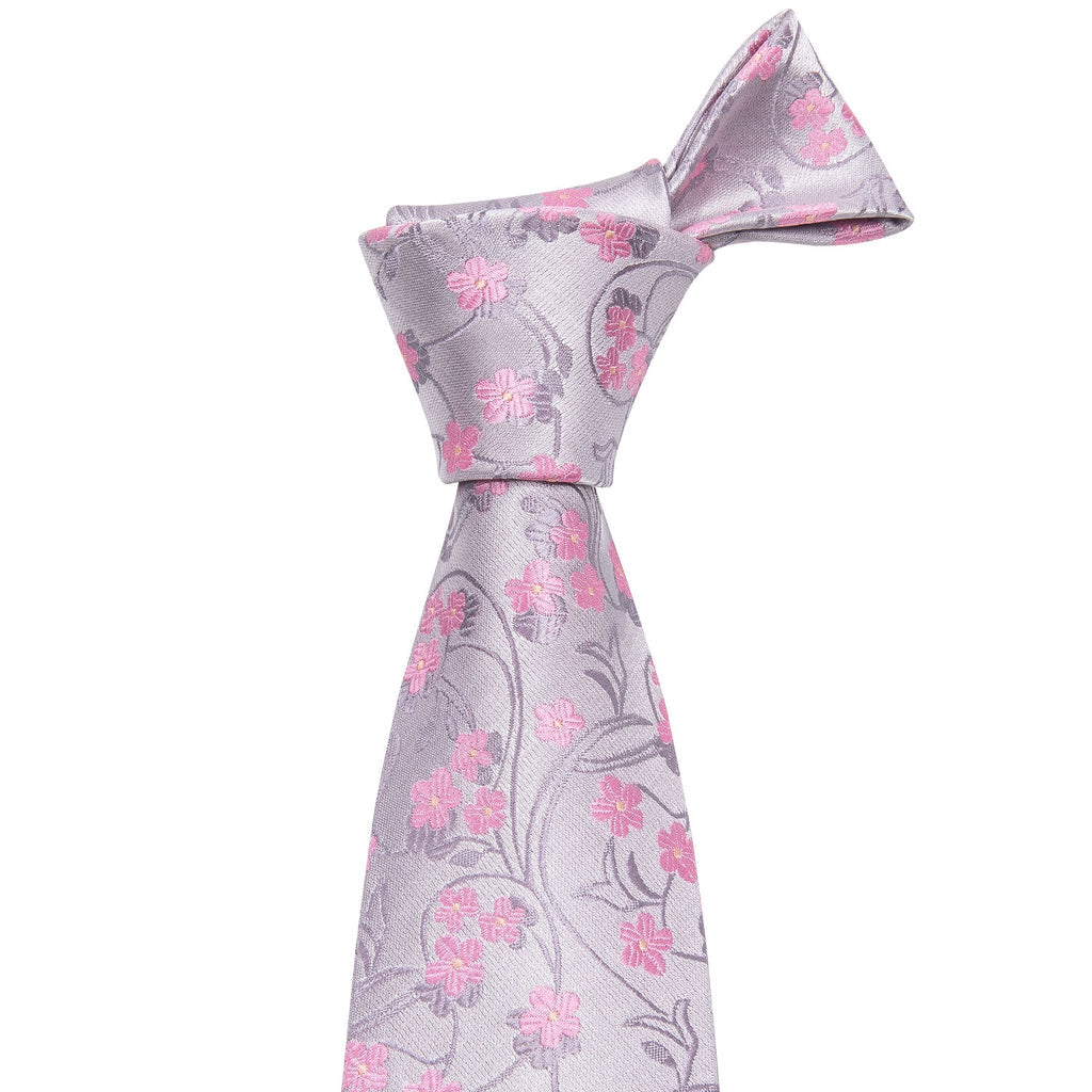 Pink Silver Floral Tie, Pocket Square and Cufflinks Set tie sets    - Sophisticated Gentlemen