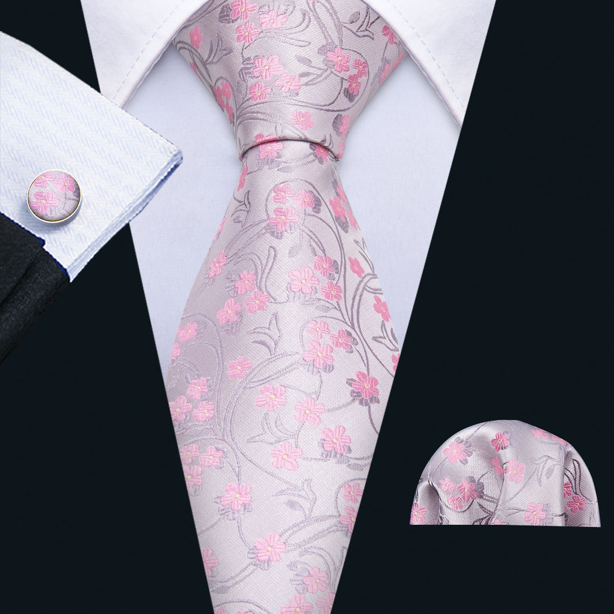 Pink Silver Floral Tie, Pocket Square and Cufflinks Set tie sets    - Sophisticated Gentlemen