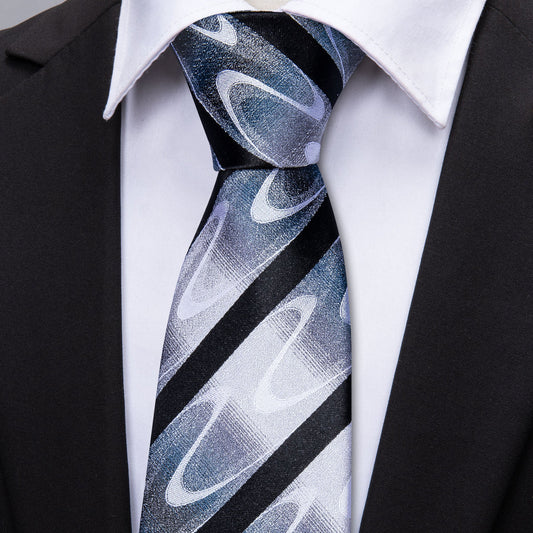 Gray Black White Wave Stripe Tie, Pocket Square and Cufflinks Set tie sets    - Sophisticated Gentlemen