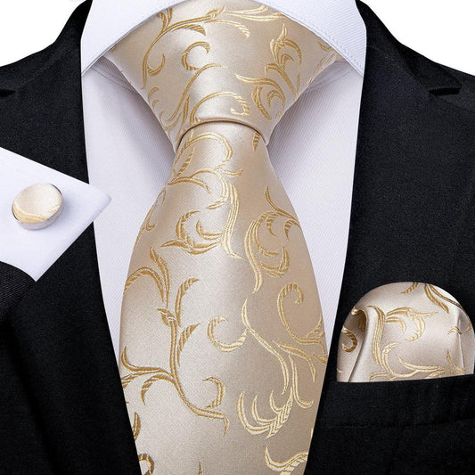 Champagne and Silver Floral XL Tie, Pocket Square and Cufflinks tie sets    - Sophisticated Gentlemen