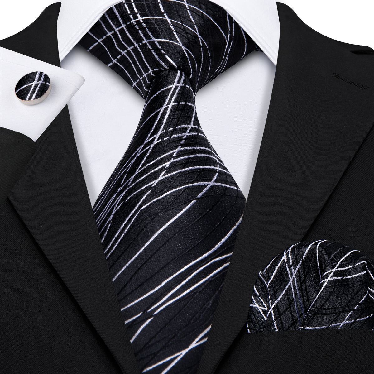 Black White Novelty Silk Tie, Pocket Square and Cufflinks Set tie sets - Sophisticated Gentlemen