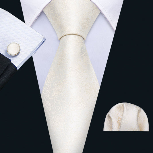 Champagne Beige Floral Silk Tie, Pocket Square and Cufflinks Set tie sets    - Sophisticated Gentlemen