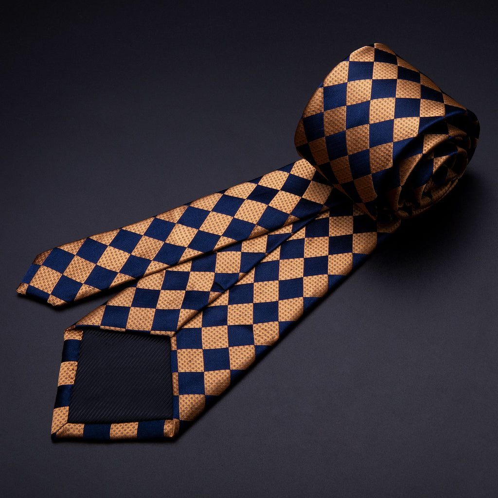 Orange Navy Blue Checkered Tie, Pocket Square and Cufflinks Set tie sets    - Sophisticated Gentlemen