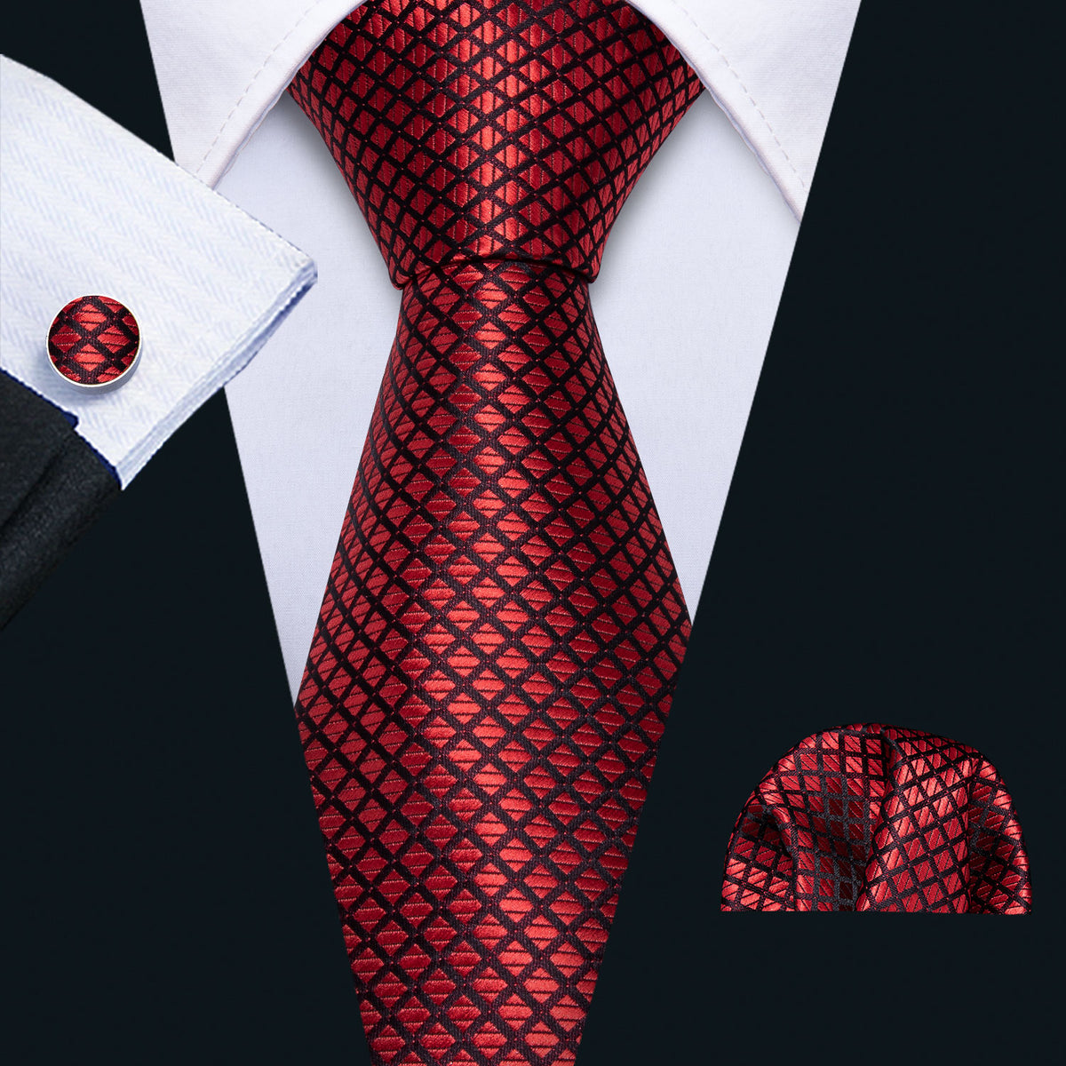 Red Black Plaid Tie, Pocket Square and Cufflinks Set tie sets - Sophisticated Gentlemen