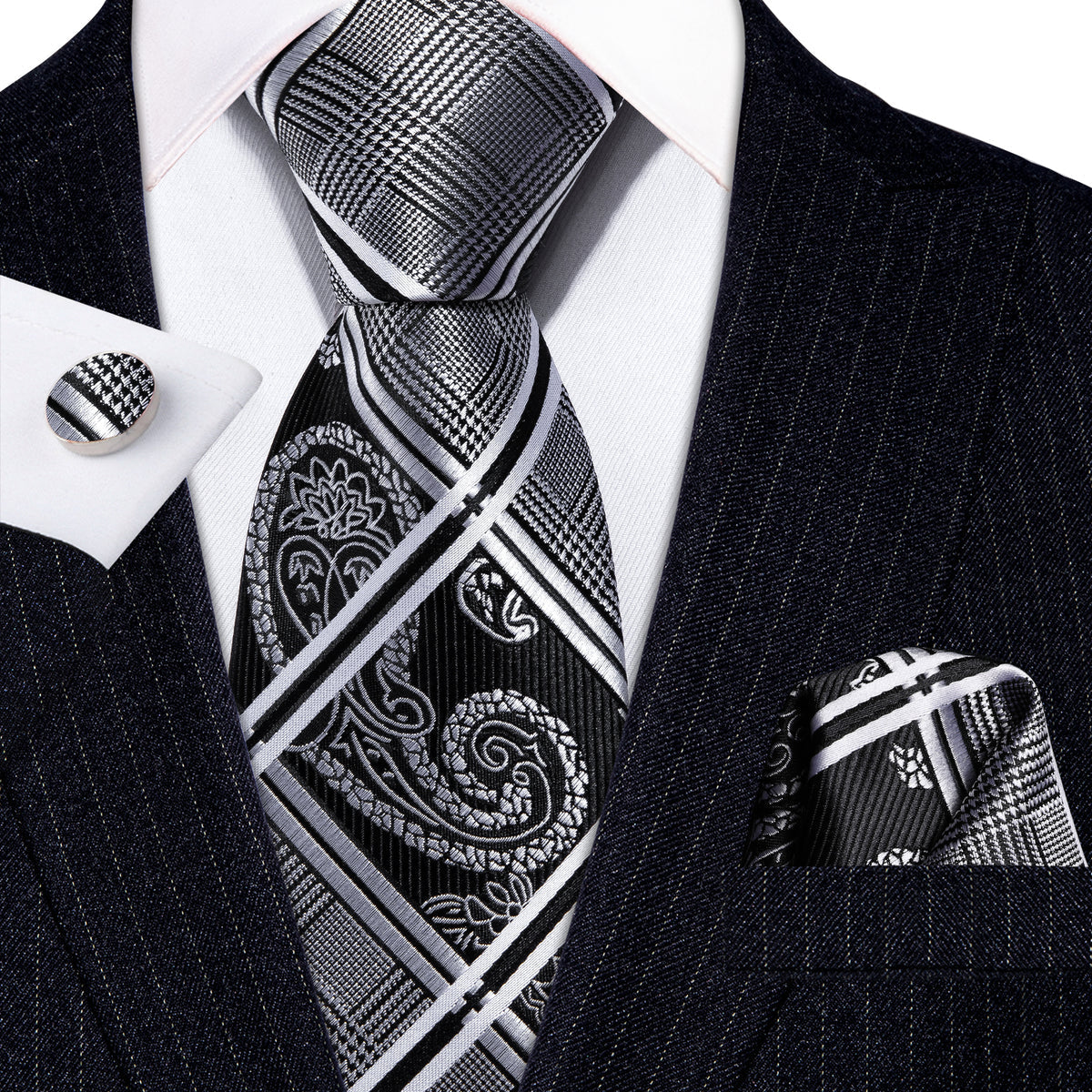 Black Gray Plaid Tie, Pocket Square and Cufflinks Set tie sets - Sophisticated Gentlemen
