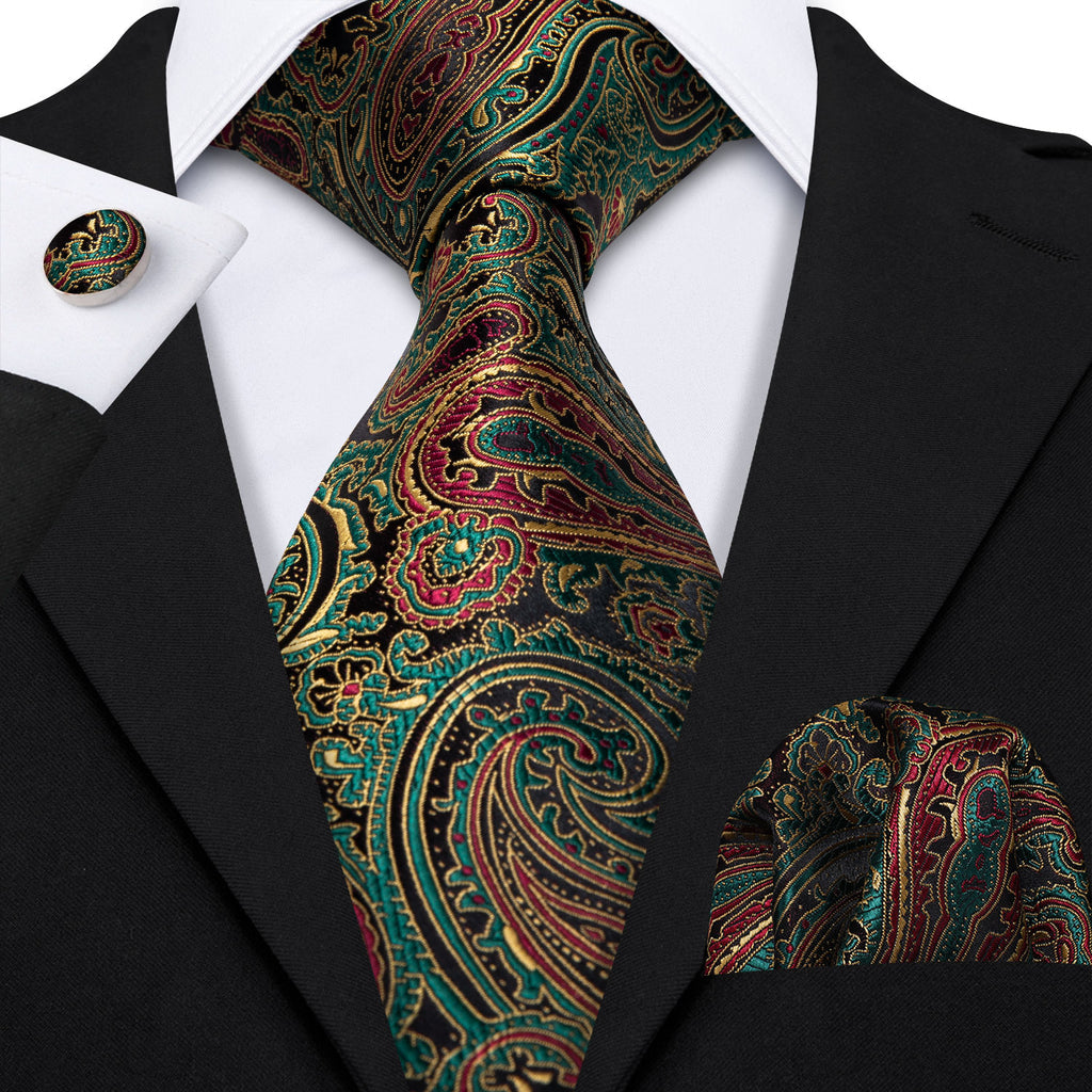 Green Brown Paisley Silk Tie, Pocket Square and Cufflinks Set tie sets - Sophisticated Gentlemen
