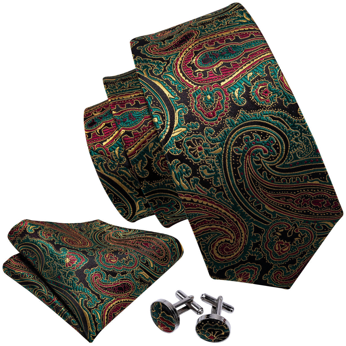 Green Brown Paisley Silk Tie, Pocket Square and Cufflinks Set tie sets - Sophisticated Gentlemen