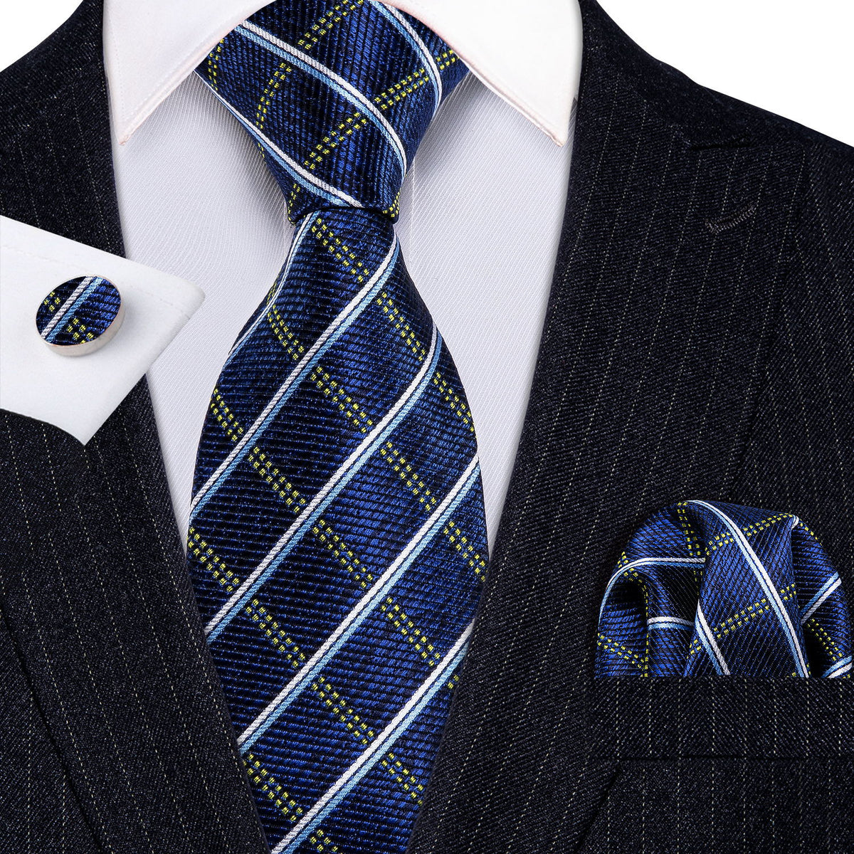 Royal Blue Plaid Tie, Pocket Square and Cufflinks Set tie sets - Sophisticated Gentlemen
