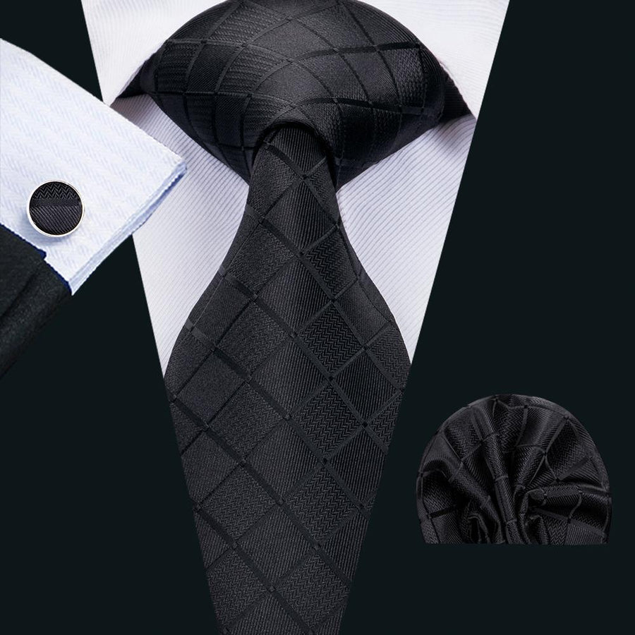 Pure and Black Plaid Silk XL Tie, Pocket Square and Cufflinks tie sets - Sophisticated Gentlemen