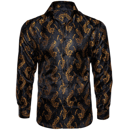 Black and Gold Floral Silk Dress Shirt shirt S   - Sophisticated Gentlemen