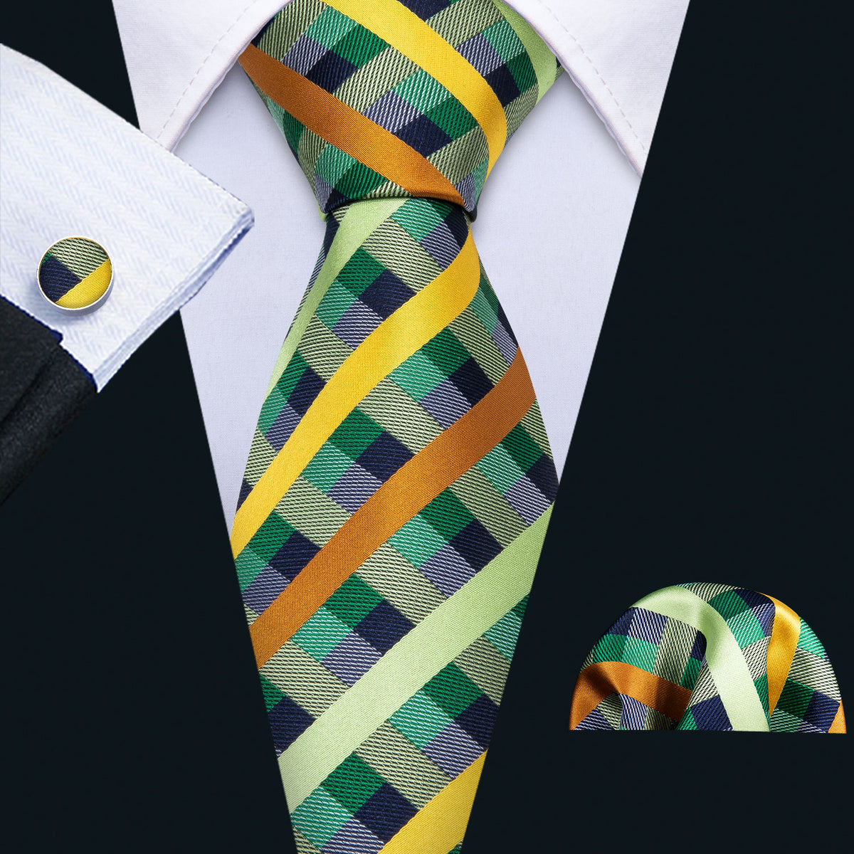 Mint Green Yellow Orange Plaid Tie, Pocket Square and Cufflinks Set tie sets - Sophisticated Gentlemen