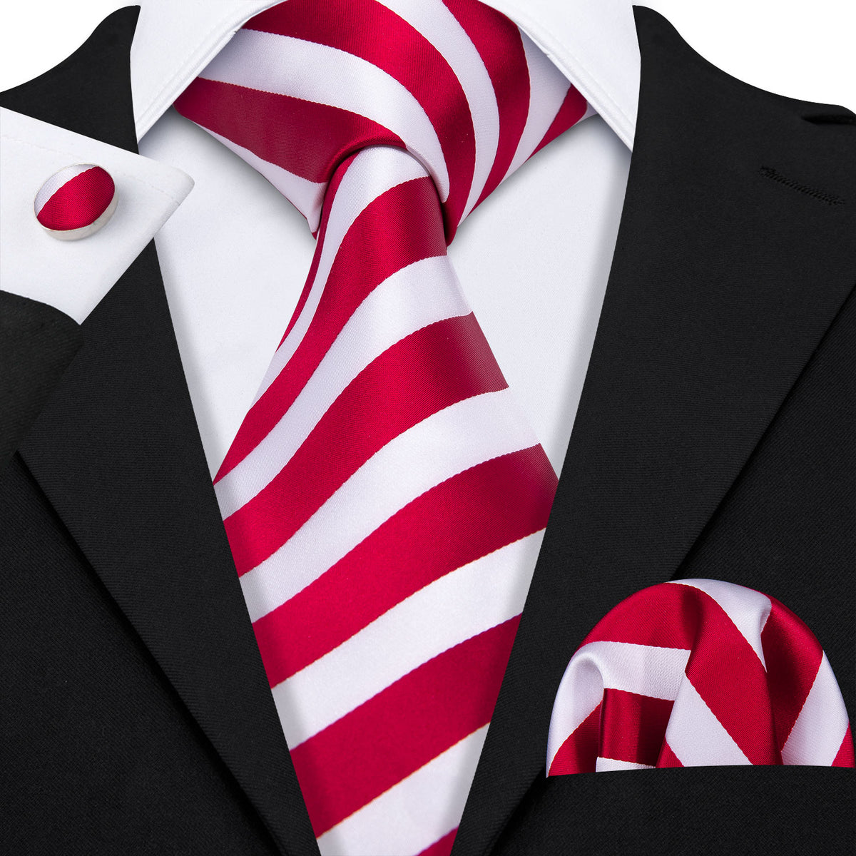 Red White Striped Silk Tie, Pocket Square and Cufflinks Set tie sets - Sophisticated Gentlemen