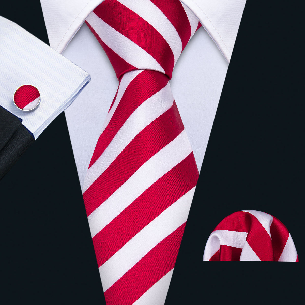 Red White Striped Silk Tie, Pocket Square and Cufflinks Set tie sets - Sophisticated Gentlemen
