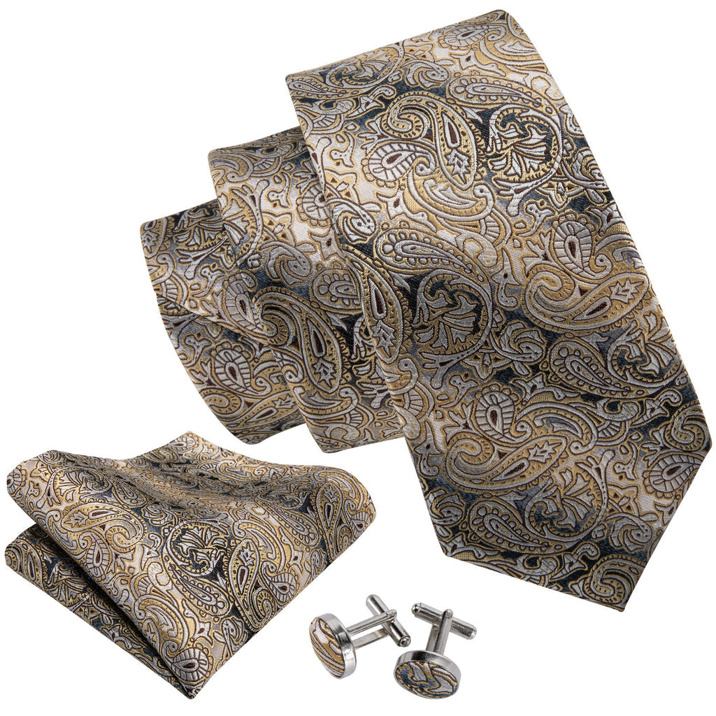 Yellow Gray Paisley Tie, Pocket Square and Cufflinks Set tie sets - Sophisticated Gentlemen
