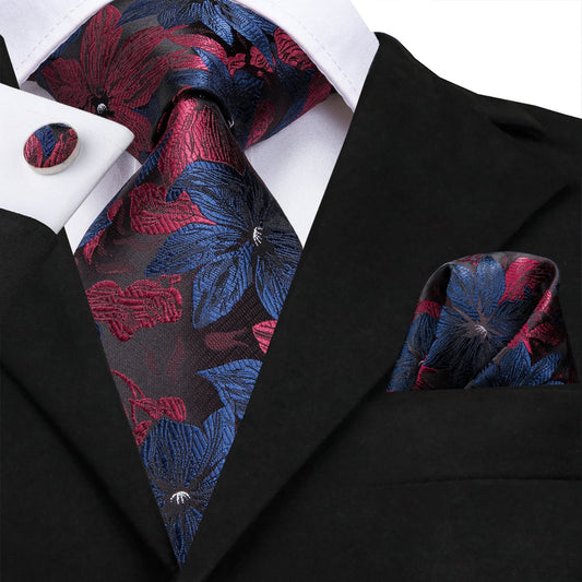 Black, Blue and Red Floral XL Tie, Pocket Square and Cufflinks tie sets    - Sophisticated Gentlemen