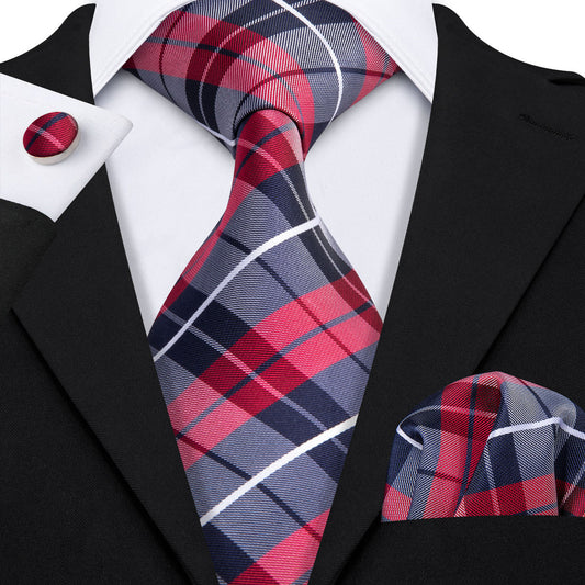 Blue Red Classic Plaid Tie, Pocket Square and Cufflinks Set tie sets    - Sophisticated Gentlemen