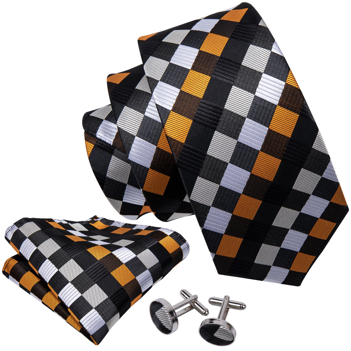 Orange Black White Plaid Silk Tie, Pocket Square and Cufflinks Set tie sets - Sophisticated Gentlemen