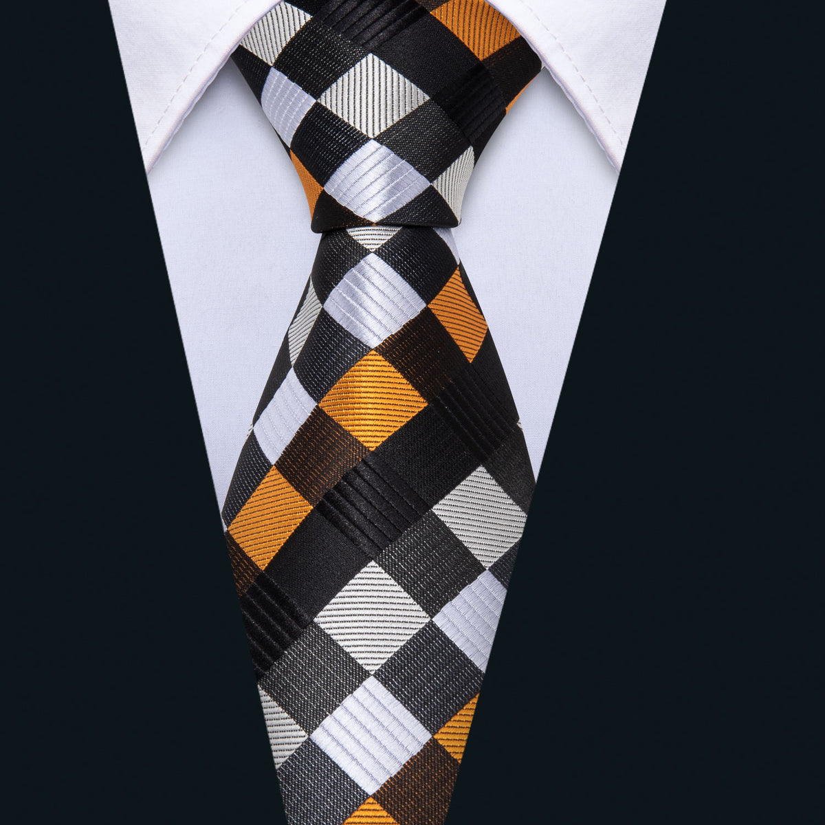 Orange Black White Plaid Silk Tie, Pocket Square and Cufflinks Set tie sets - Sophisticated Gentlemen