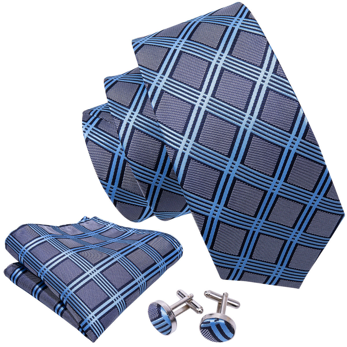 Gray Blue Plaid Silk Tie, Pocket Square and Cufflinks Set tie sets - Sophisticated Gentlemen