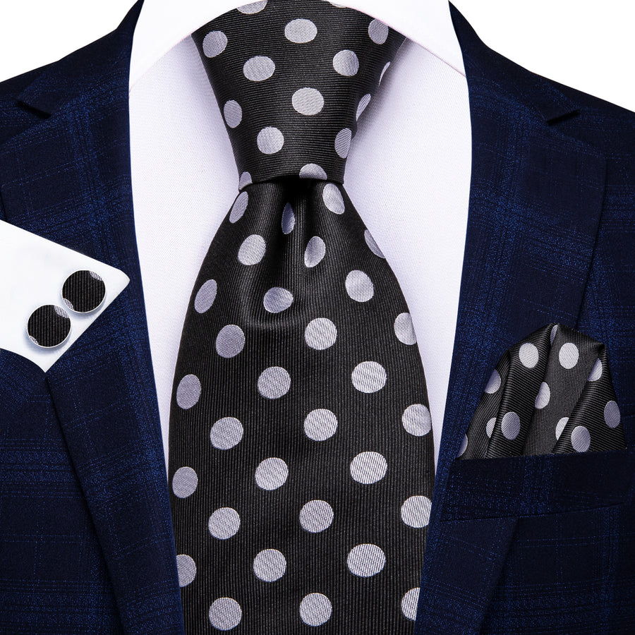 Black and White Polka Dot XL Tie, Pocket Square and Cufflinks tie sets - Sophisticated Gentlemen