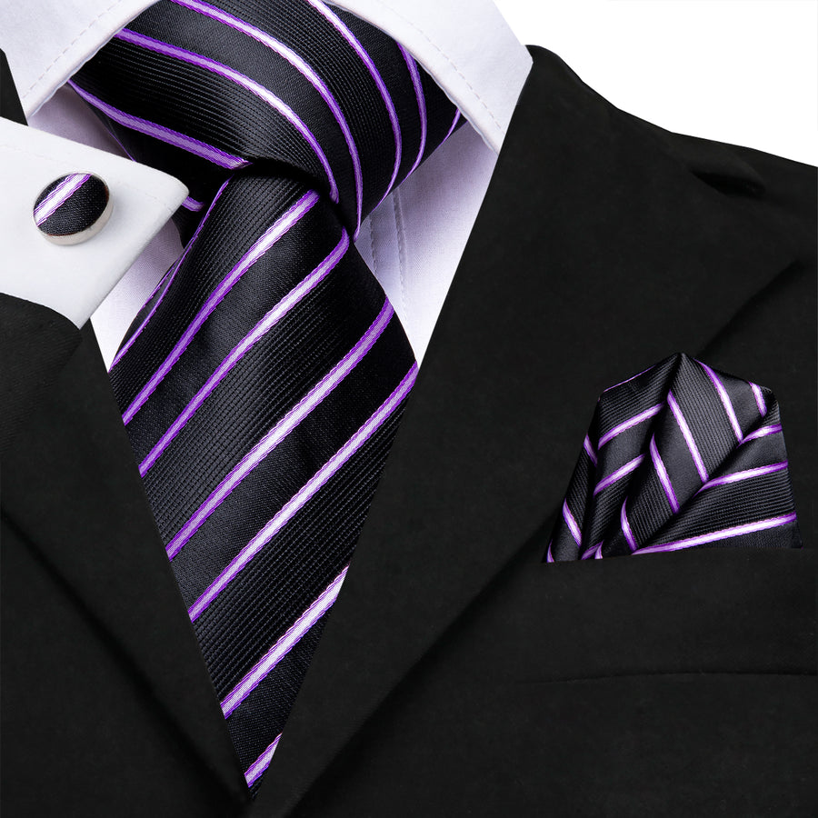 Black and Purple Striped XL Tie, Pocket Square and Cufflinks tie sets - Sophisticated Gentlemen