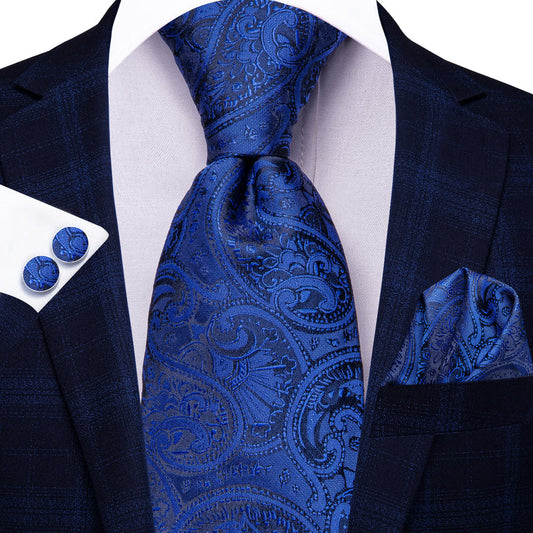 Royal Blue Paisley Striped XL Tie, Pocket Square and Cufflinks tie sets    - Sophisticated Gentlemen