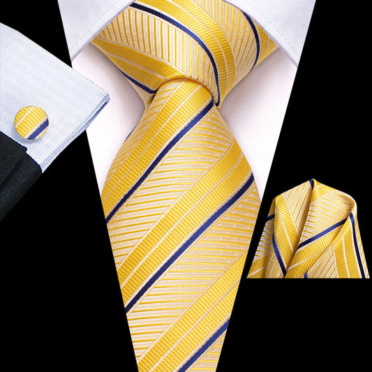 Golden Yellow and Blue Striped XL Tie, Pocket Square and Cufflinks tie sets    - Sophisticated Gentlemen
